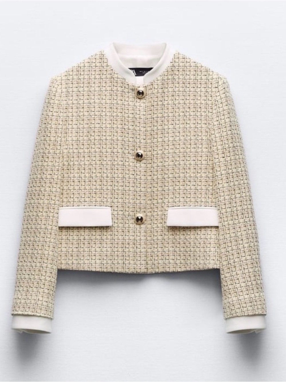 Zara Cropped Butter Yellow Cream Tweed Jacket with Contrast Trim